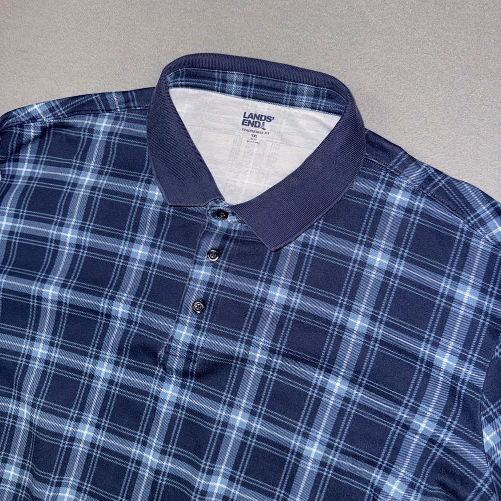 Lands End Polo Shirt Mens XXL 2XL Blue Plaid Traditional Fit Long Sleeve Button - Picture 1 of 10